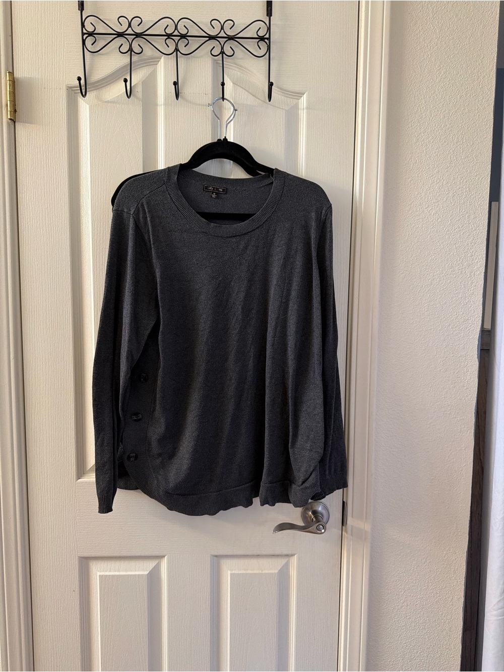 Women’s Charcoal Crewneck Long-Sleeve Sweatshirt with Side Button Detail
